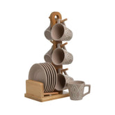 Hectarul - Set 6 cesti de portelan pentru cafea cu farfuriuta si suport de lemn de culoare bej cu modele crem