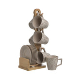 Hectarul - Set 6 cesti de portelan pentru ceai cu farfuriuta si suport de lemn de culoare bej cu modele crem inaltime 34cm