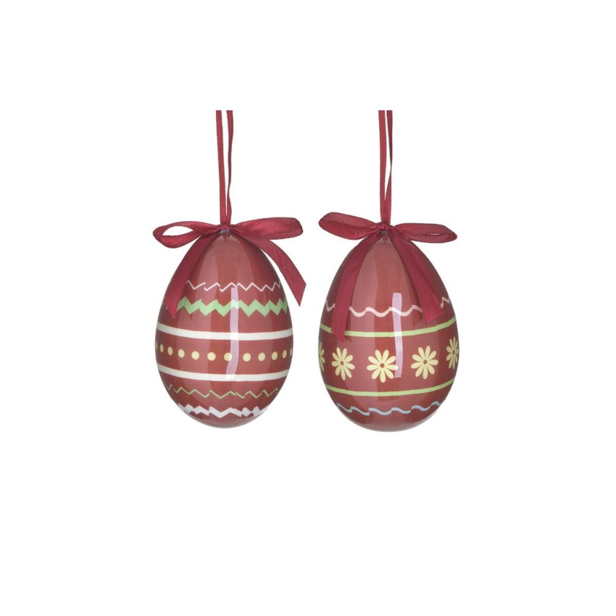 Set 6 oua rosii decorative de Paste,2 modele, cu agatatoate, 7 cm diametru, 10 cm inaltime, 1, hectarul.ro