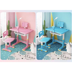 Set birou 70X45.5X70 cm si scaunel 37X34X72 cm din plastic ultra-rezistent, pentru copii, cu lampa LED, inaltime reglabila, roz, Hectarul
