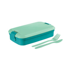 Set caserola pentru picnic/masa de pranz din plastic Lunch&Go 1,3L albastru turcoaz 13x23x7 cm si tacamuri incluse