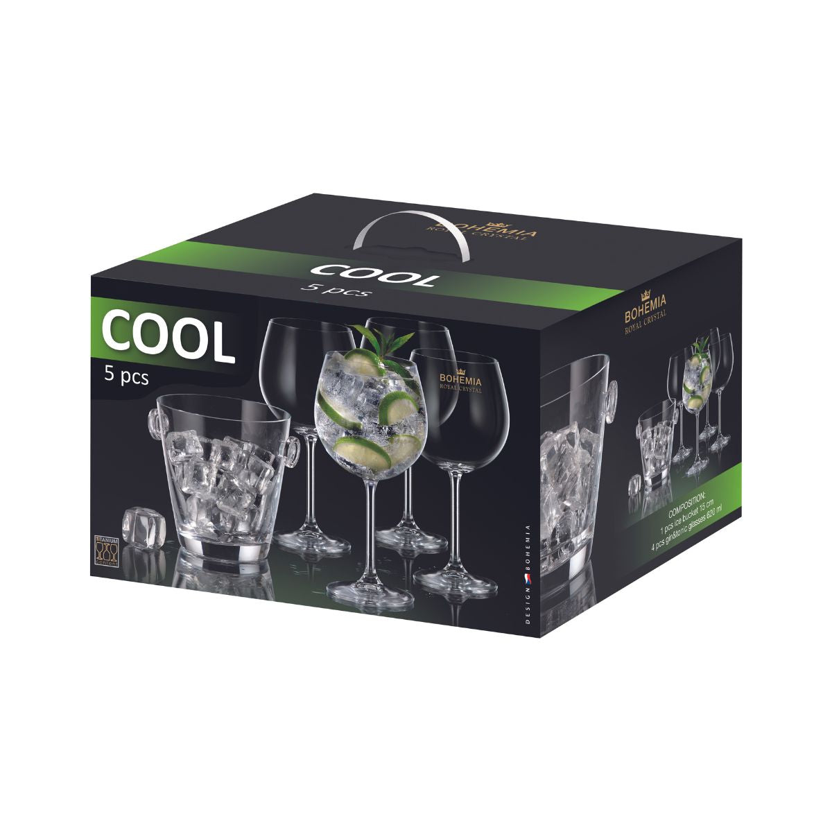 Set cocktail, 1 frapiera + 4 pahare, din cristal de Bohemia, 14 cm + 620 ml, Cool Set, 1, hectarul.ro
