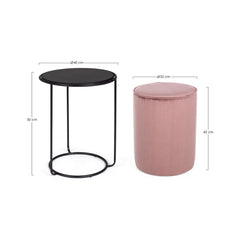 Set masuta de cafea si pouf roz pal/negru din otel, poliester si MDF, Ø 32/40 cm, Annika Bizzotto