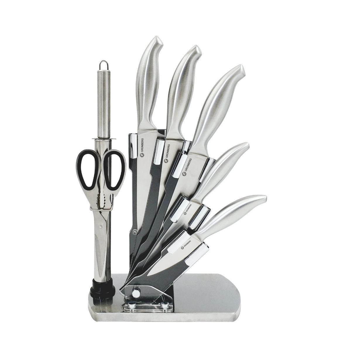 Set cutite 8 piese, 4 cutite, satar, pila pentru ascutit, foarfeca si suport, Grunberg RP11, 1, hectarul.ro