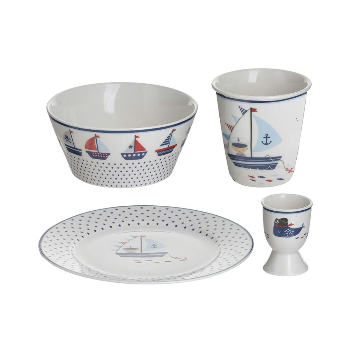 Set de masa pentru copii 4 piese alb / albastru din portelan Sailing Inart, 1, hectarul.ro