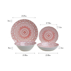 Set elegant pentru cina, din portelan, pentru 6 persoane. 19 de piese, model alb-fildes si rosu.