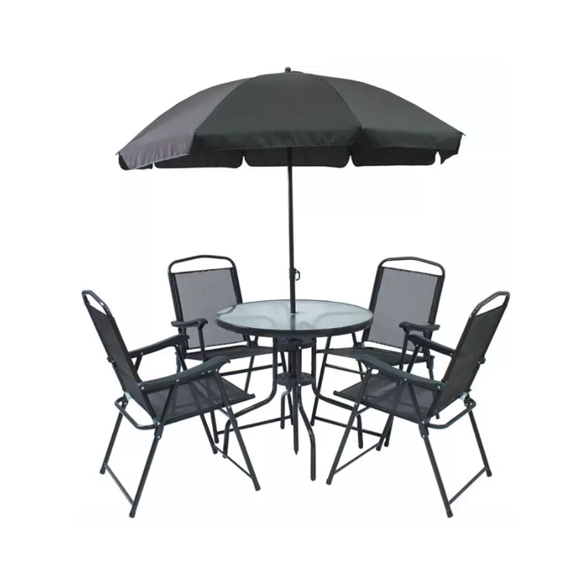 Set mobilier terasa/ gradina negru - masa, 4 scaune si umbrela, 1, hectarul.ro