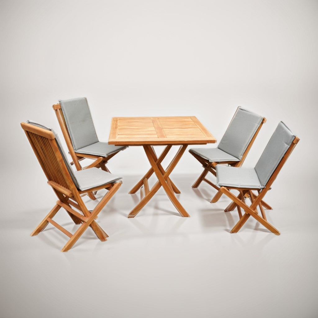 Set mobilier terasa/gradina Square 4 scaune si masa rabatabile din lemn masiv de tec de culoare maro natur cu perne incluse, 1, hectarul.ro