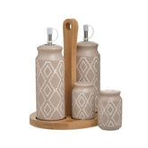 Hectarul - Set oliviera 4 piese din portelan bej cu modele traditionale albe si suport de lemn