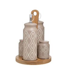 Set oliviera 4 piese din portelan bej cu modele traditionale albe si suport de lemn