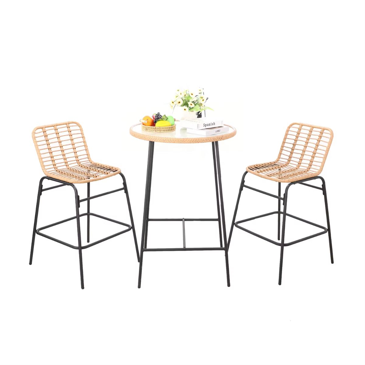 Set pentru terasa cu 2 scaune si o masuta inalte, maro/negru, din metal si polipropilena stil bambus, 1, hectarul.ro