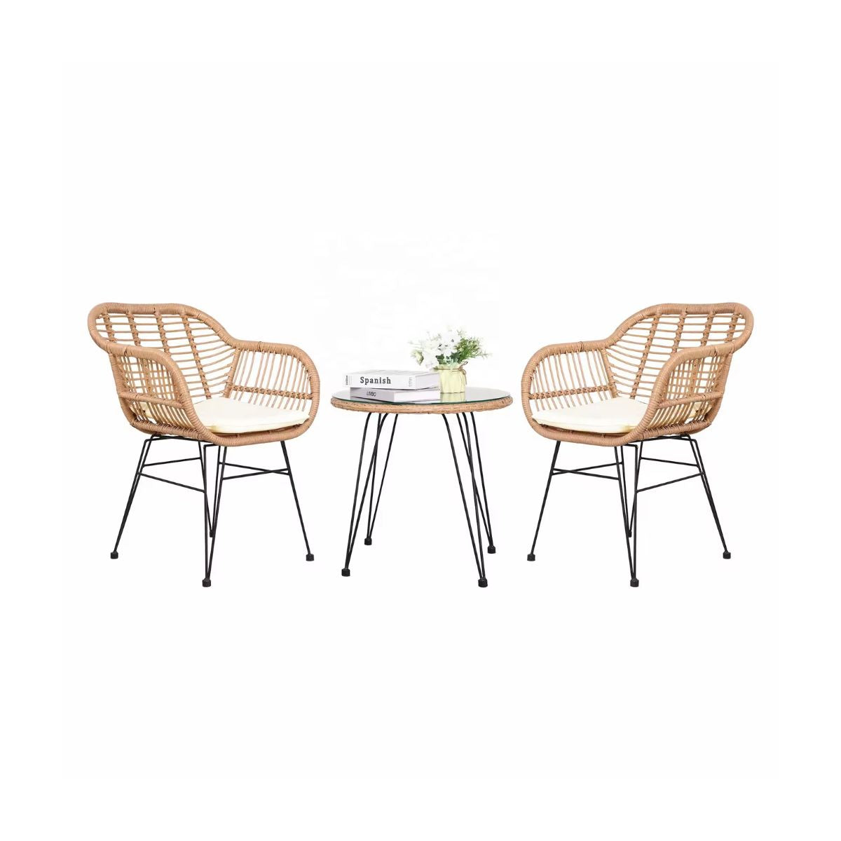 Set pentru terasa cu 2 scaune si o masuta, maro/negru, din metal si polipropilena stil bambus, 1, hectarul.ro