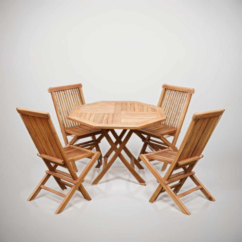 Set terasa/gradina Octogonal compus din masa si 4 scaune pliabile din lemn masiv de tec de culoare maro natur, 1, hectarul.ro