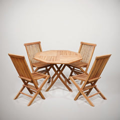 Set terasa/gradina Octogonal compus din masa si 4 scaune pliabile din lemn masiv de tec de culoare maro natur