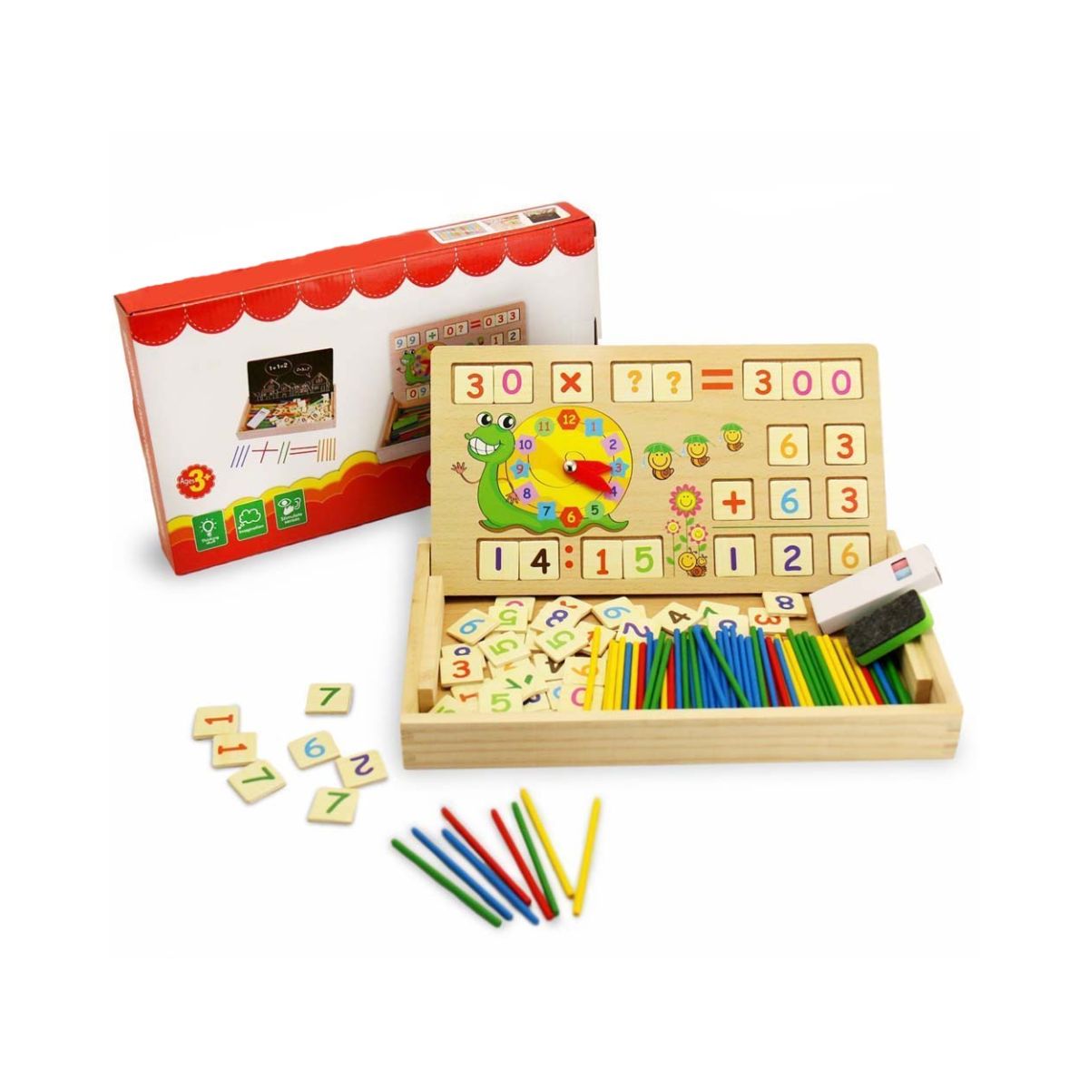 Tabla multifunctionala Montessori cu operatiuni matematice, ceas, betisoare si creta colorata, WD 4008, 1, hectarul.ro