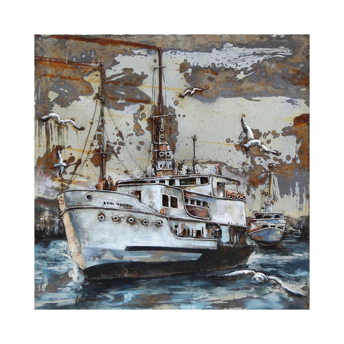 Tablou de metal 3D, vapor la pescuit, 100x100x7 cm, 1, hectarul.ro