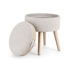 Taburet gri deschis din poliester boucle, MDF si lemn Ø39 cm Zoya Bizzotto