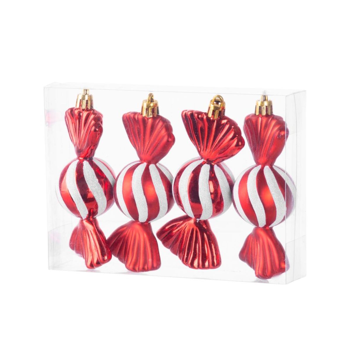 Set 4 globuri de Craciun 11,5 cm rosu-alb bomboane, plastic - Candies MagicHome, 1, hectarul.ro