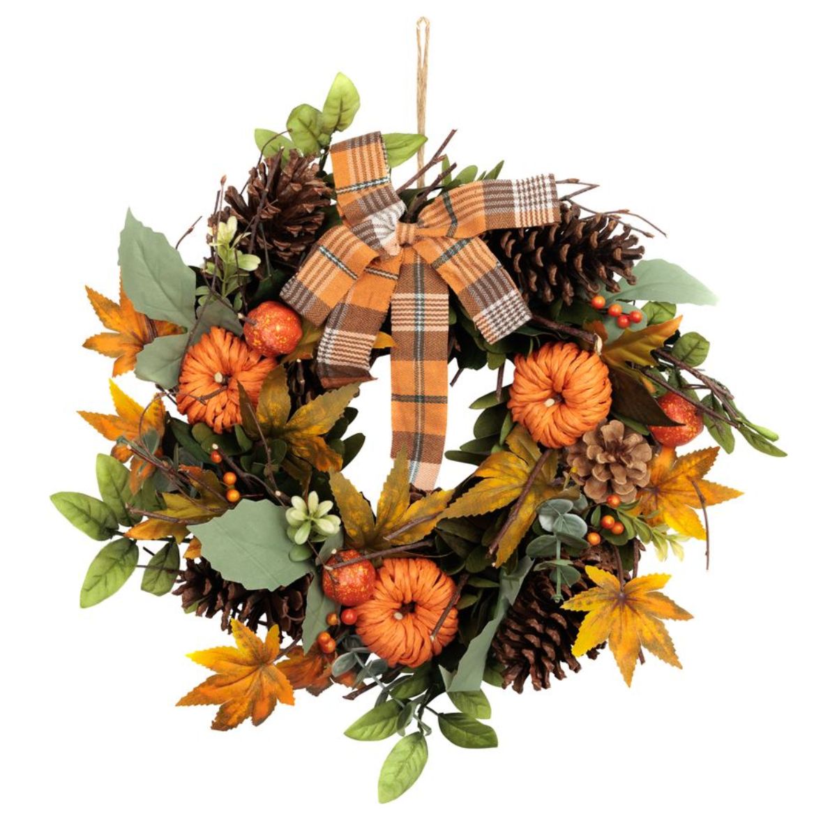 Coronita motiv de toamna Ø35 cm portocalie cu dovleci si funda in carouri - MagicHome