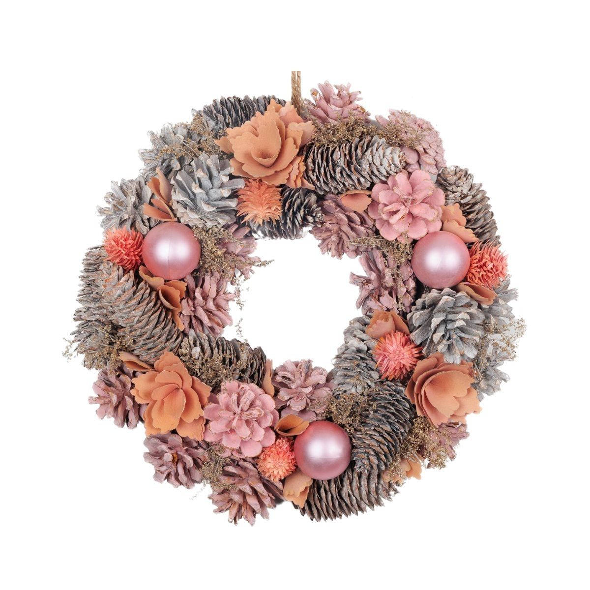 Coronita de Craciun Ø30 cm roz/portocaliu cu conuri, flori și globuri - MagicHome