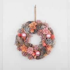 Coronita de Craciun Ø30 cm roz/portocaliu cu conuri, flori și globuri - MagicHome