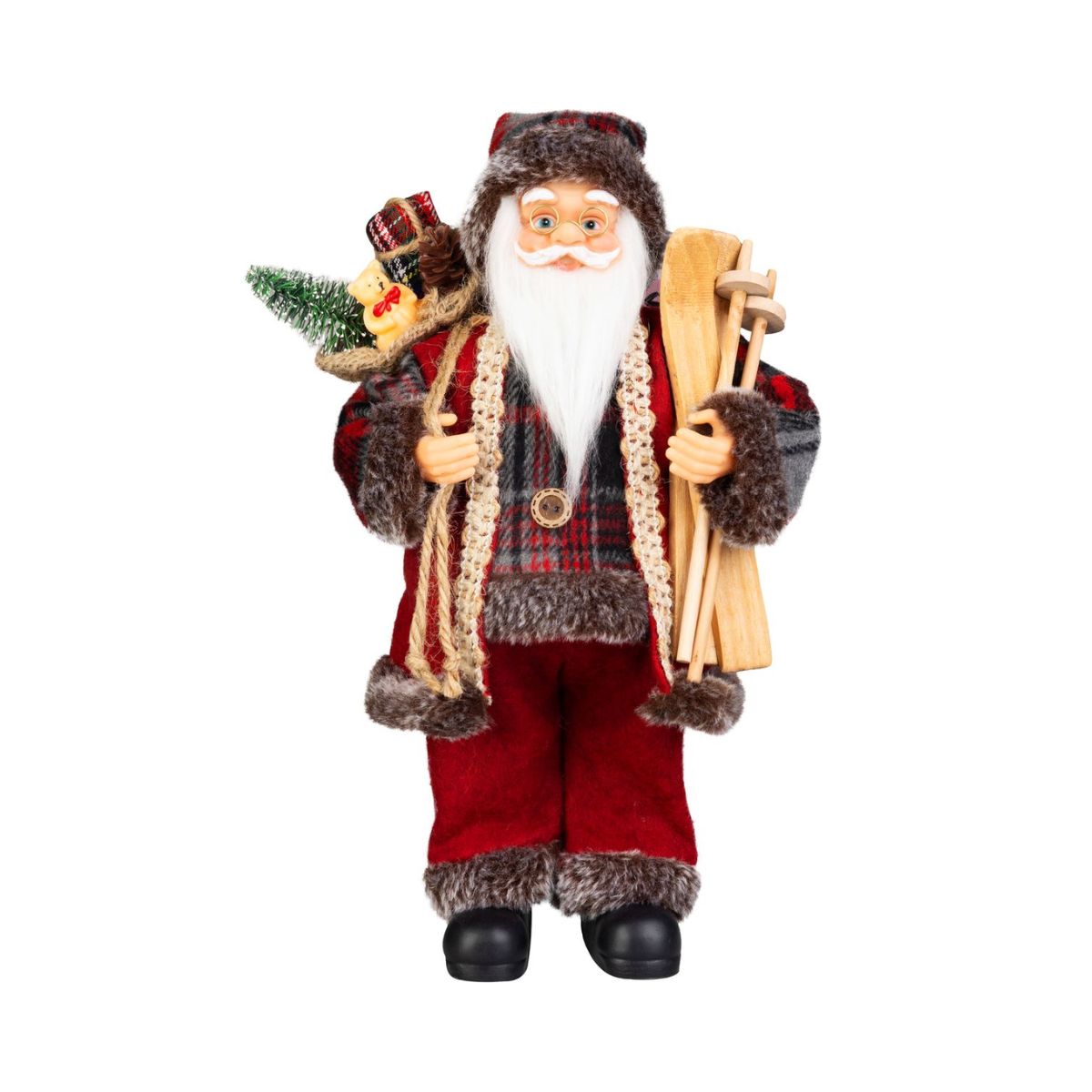 Decoratiune Mos Craciun 46 cm cu schiuri, cadouri si brad - MagicHome