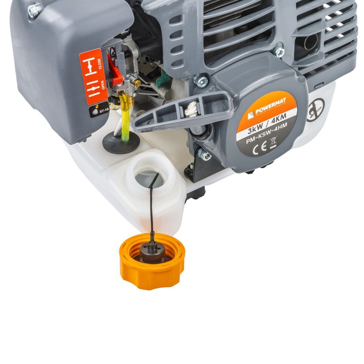 Motocoasă de tuns iarbă multifuncțională pe benzină 4 în 1 – coasă, ferăstrău, foarfece gard viu, Powermat PM-KSW-4HM, 4CP, 42cc, 4, hectarul.ro