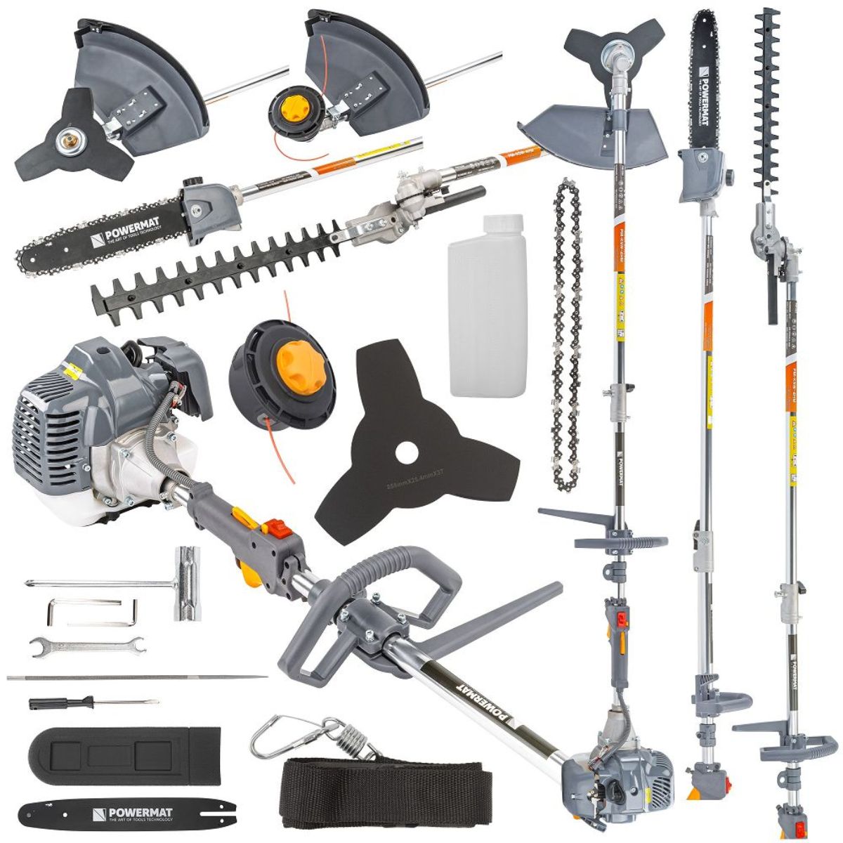 Motocoasă de tuns iarbă multifuncțională pe benzină 4 în 1 – coasă, ferăstrău, foarfece gard viu, Powermat PM-KSW-4HM, 4CP, 42cc