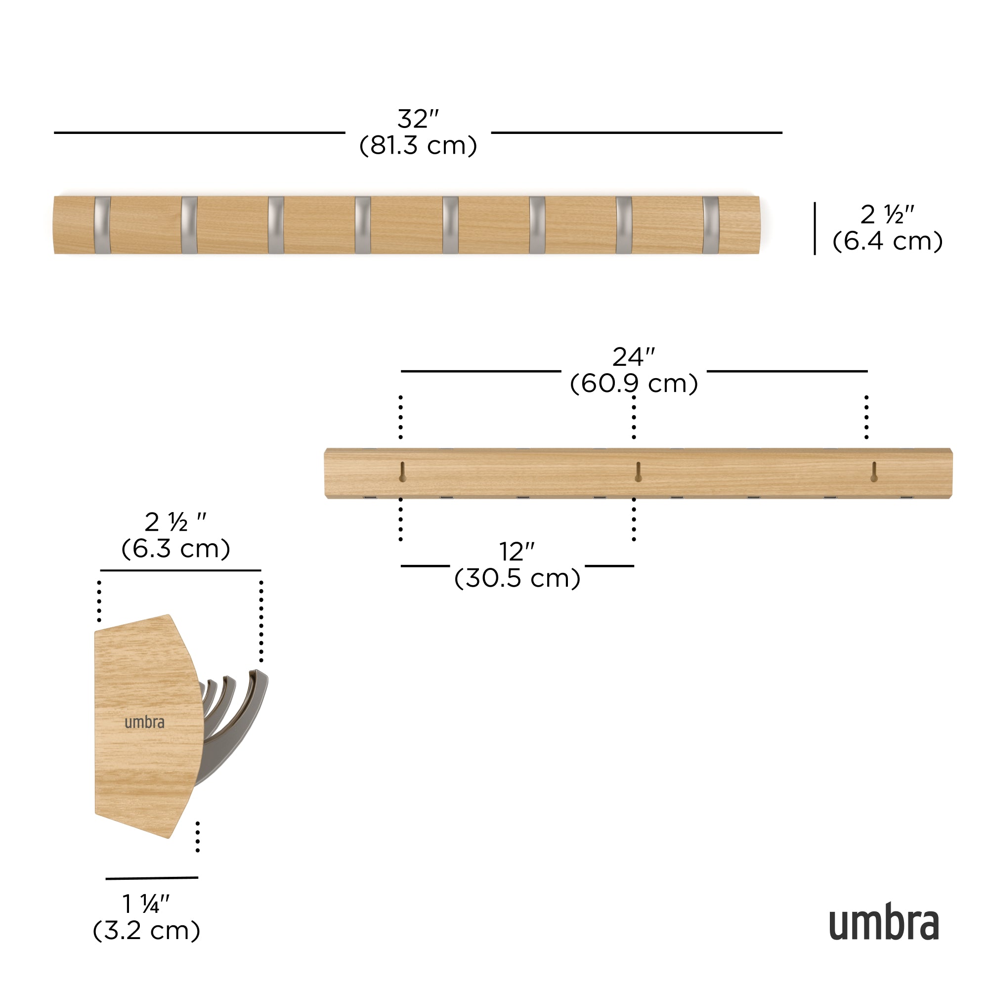 Cuier maro-natur/argintiu din lemn 81x6 cm Flip 8 Umbra, 8, hectarul.ro