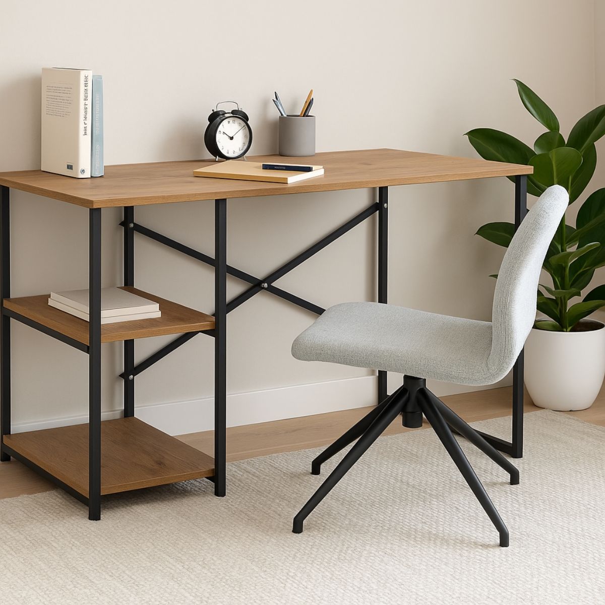 Masa de studiu cu 2 rafturi MDF bej, cadru din metal negru 120x60x70 cm, 2, hectarul.ro