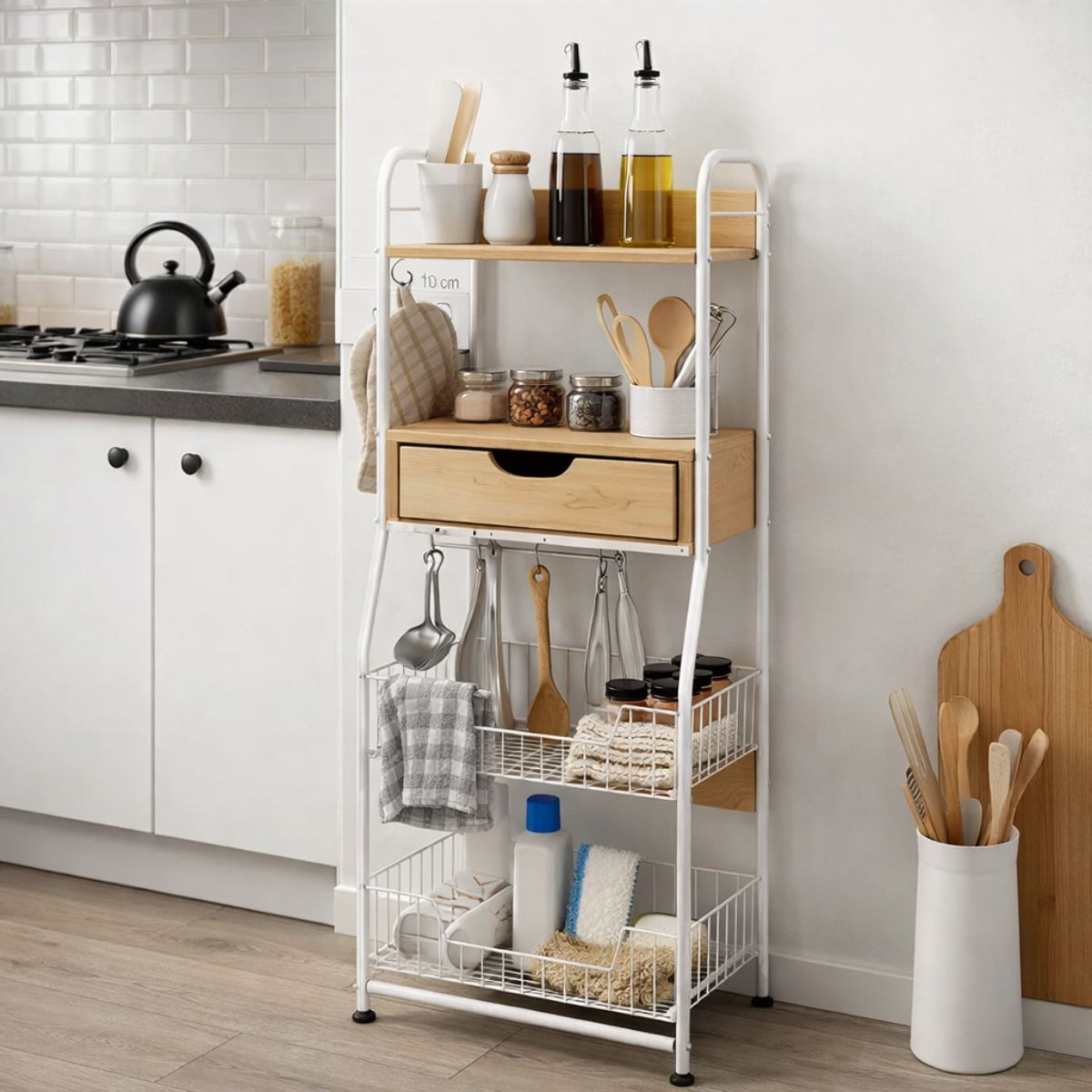 Raft pentru bucatarie alb / lemn natural 40x30x110 cm, 2, hectarul.ro