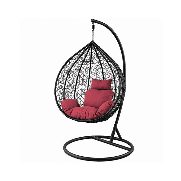 Scaun suspendat tip scoica din ratan, terasa/ balcon, perne rosii, cadru otel negru, 105x105x196 cm