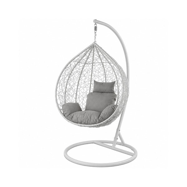 Scaun suspendat tip scoica din ratan, terasa/ balcon, perne gri, cadru otel alb, 105x105x196 cm