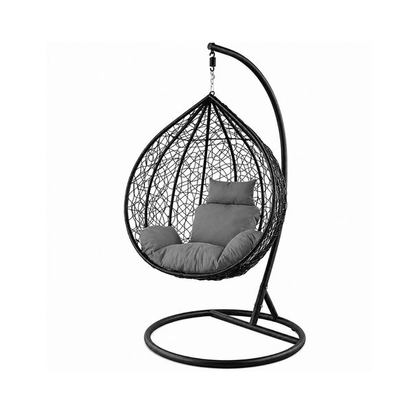 Scaun suspendat tip scoica din ratan, terasa/ balcon, perne gri, cadru otel negru, 105x105x196 cm