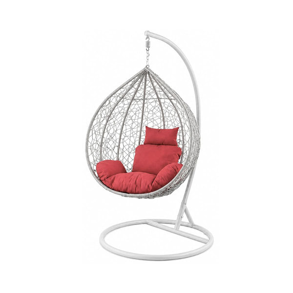 Scaun suspendat tip scoica din ratan, terasa/ balcon, perne rosii, cadru otel alb, 105x105x196 cm