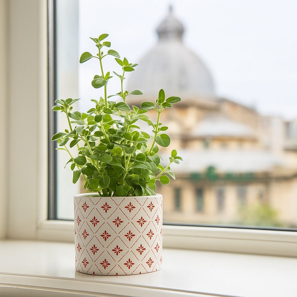 Suport decorativ pentru ghiveci, din ceramica, Ø10 cm, alb/rosu Geometric Lilly Boltze, 2, hectarul.ro