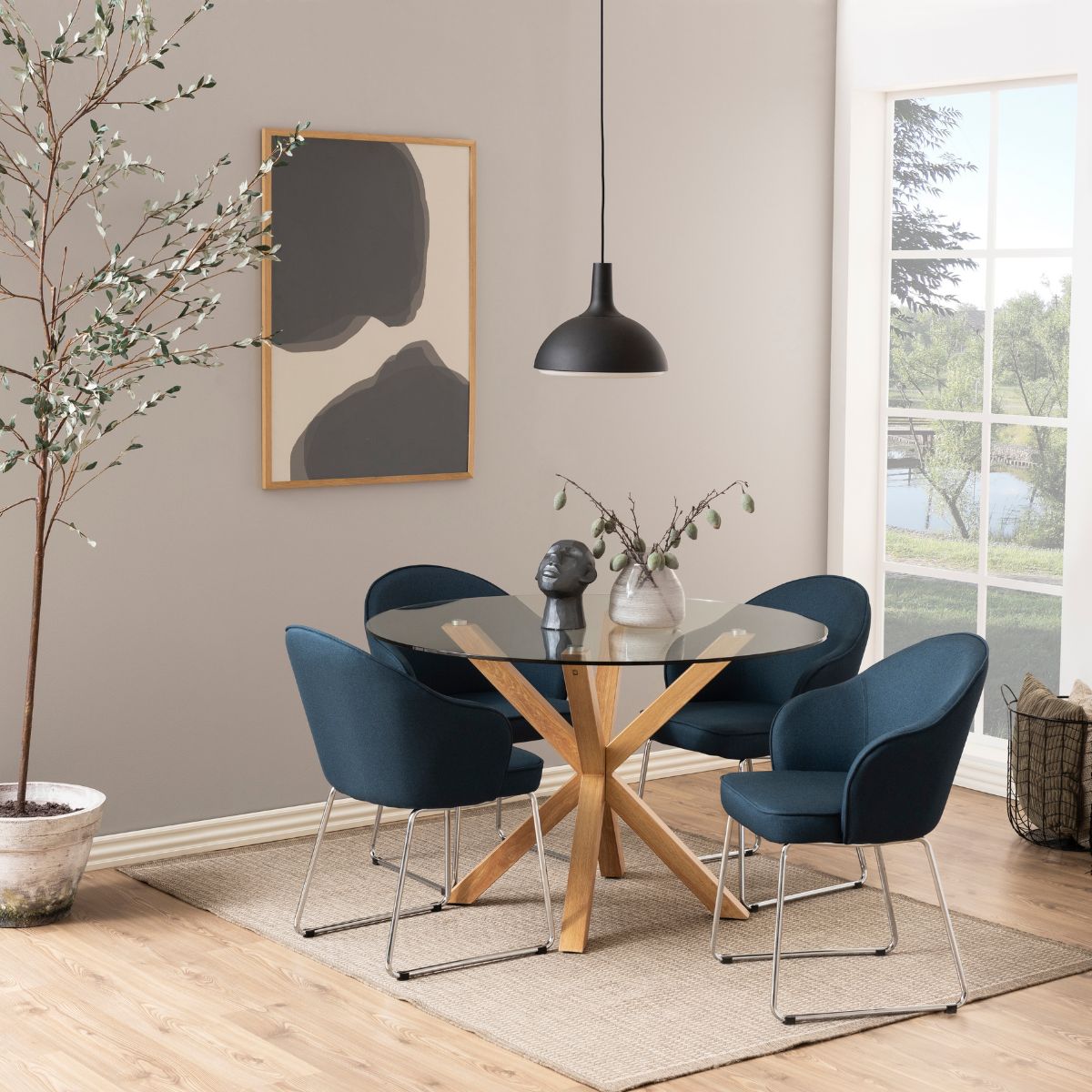 Masa de dining rotunda, transparent/maro, din sticla si otel Ø119 cm Heaven Actona, 12, hectarul.ro
