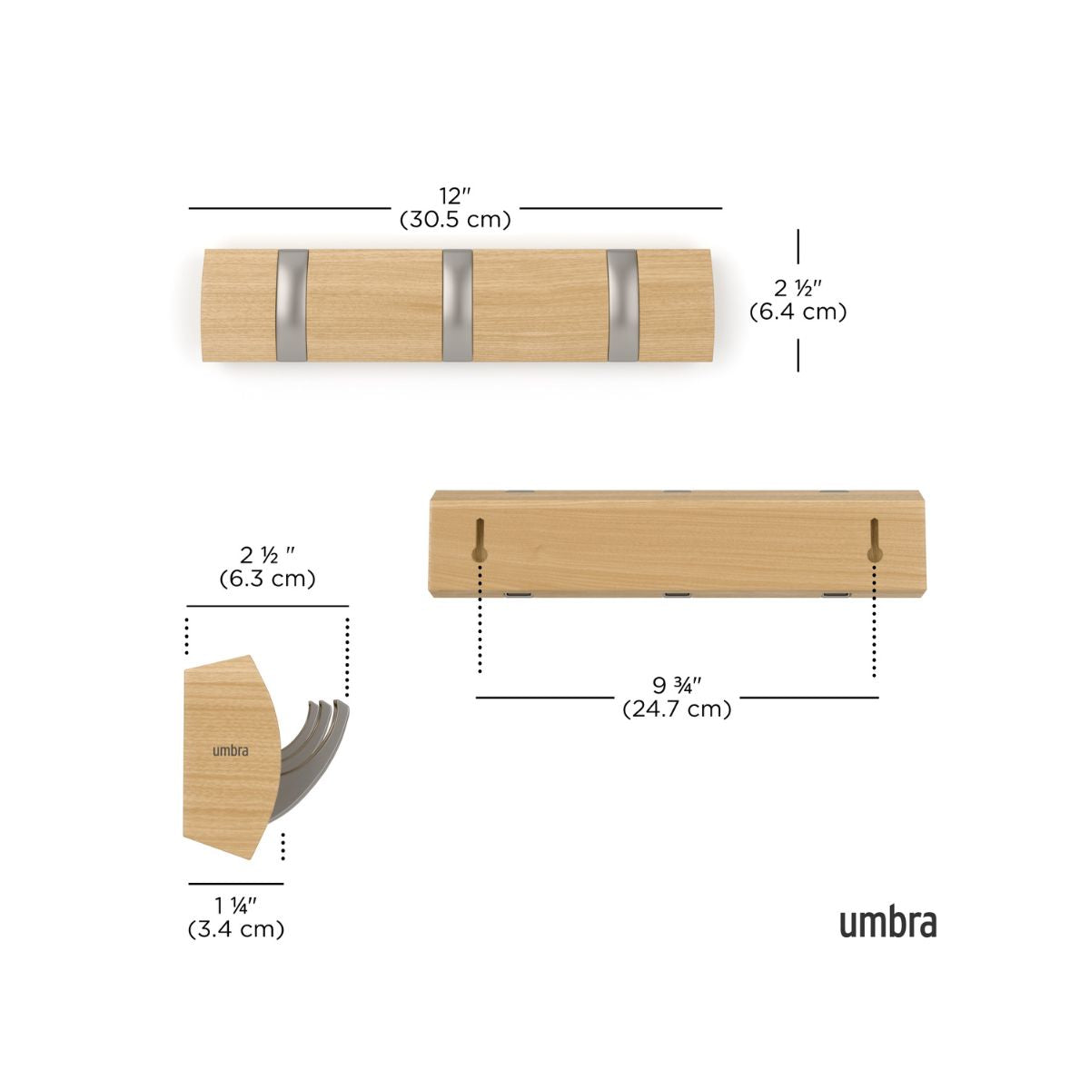 Cuier maro-natur/argintiu din lemn 30x6 cm Flip 3 Umbra, 11, hectarul.ro
