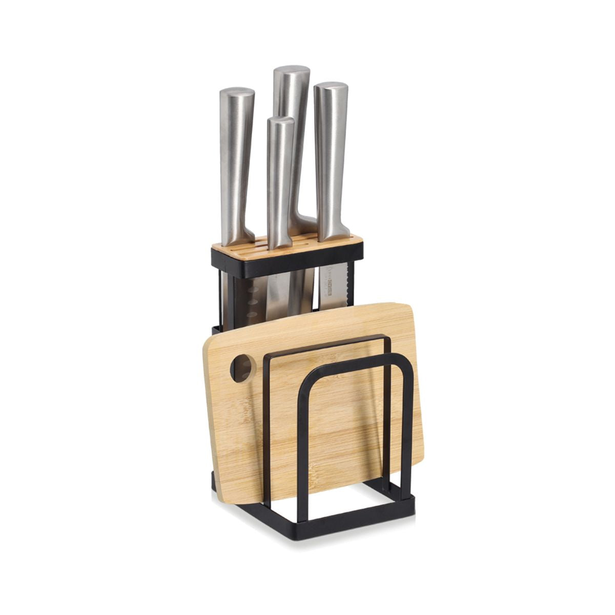 Suport de cutite si tocatoare, din metal si bambus, 12x14x22 cm, Knife block stand Zeller, 4, hectarul.ro
