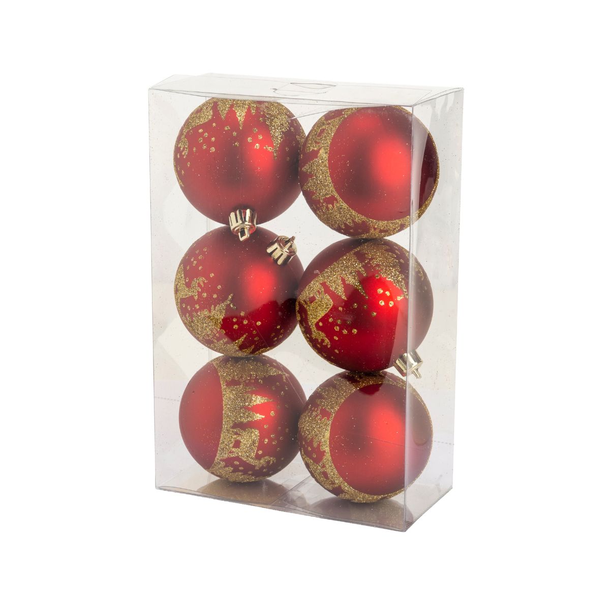 Set 4 globuri de Craciun rosii cu detalii aurii Ø8 cm din plastic Trees Cosy&Trendy, 1, hectarul.ro
