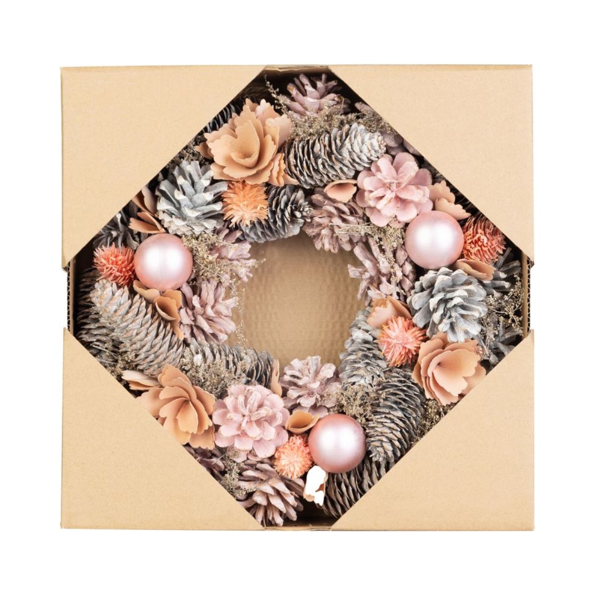 Coronita de Craciun Ø30 cm roz/portocaliu cu conuri, flori și globuri - MagicHome, 3, hectarul.ro