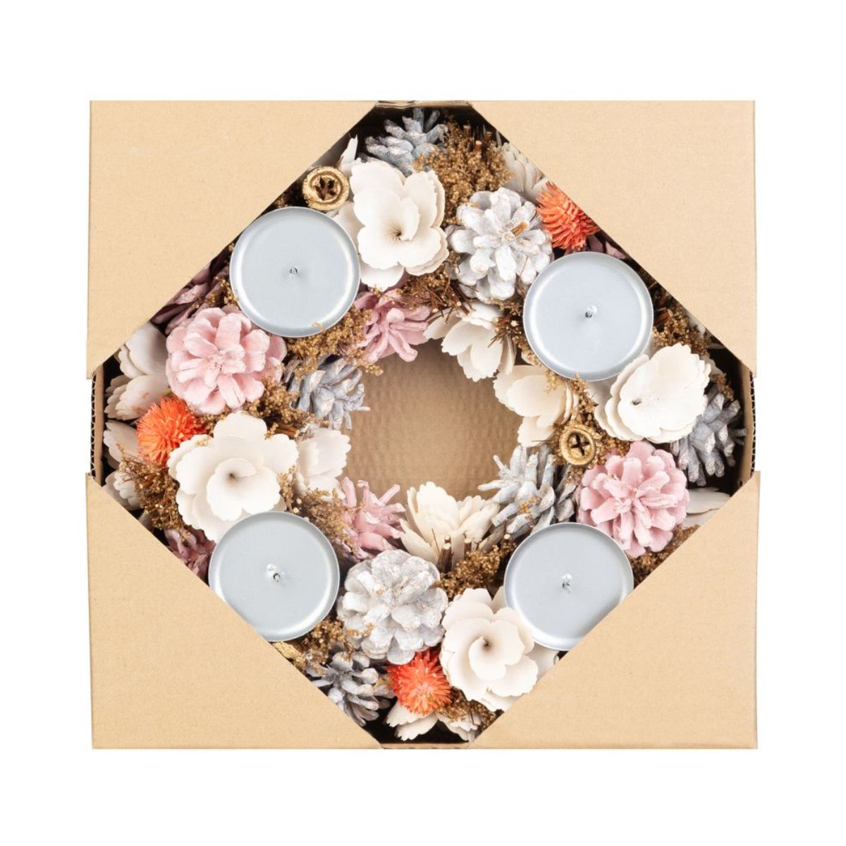 Coronita de Craciun Ø30 cm roz/portocaliu cu suporturi de lumanari MagicHome, 3, hectarul.ro