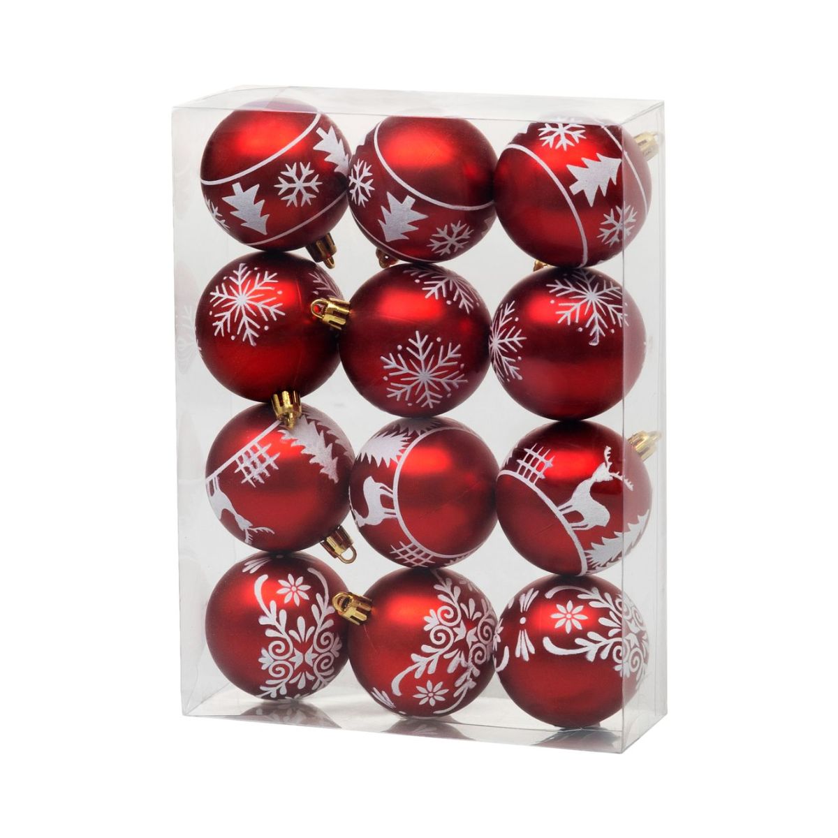 Set 12 globuri de Craciun Ø6 cm rosii cu detalii albe, plastic - MagicHome