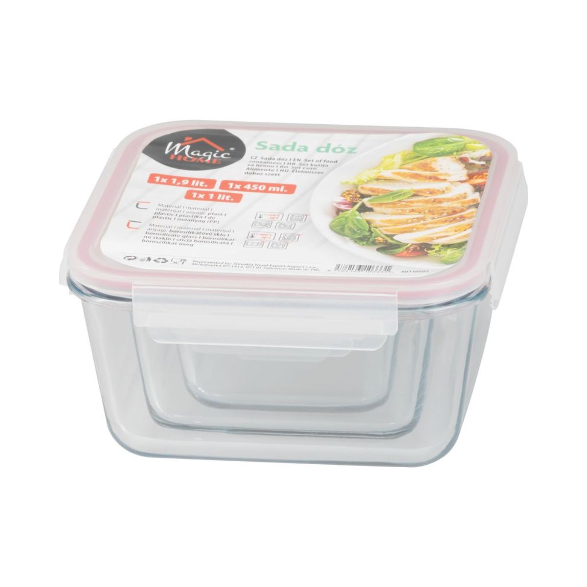 Set 3 caserole patrate din sticla MagicHome, 450/1000/1900 ml, roz, 2, hectarul.ro