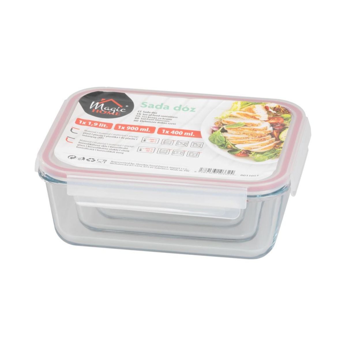 Set 3 caserole dreptunghiulare din sticla MagicHome, 400/900/1900 ml, roz, 2, hectarul.ro