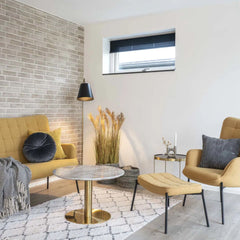 Masuta de cafea alb/auriu cu aspect de marmura din otel si MDF Ø70 cm Bolzano House Nordic