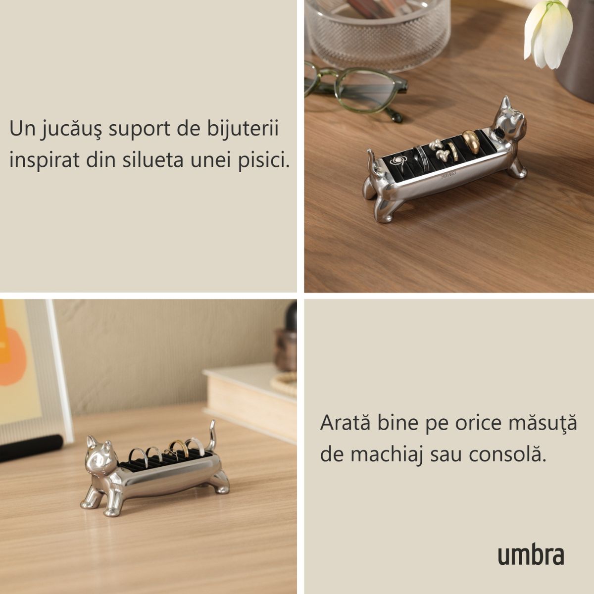 Suport pentru bijuterii, din metal si catifea, Ali Cat Umbra, 6, hectarul.ro