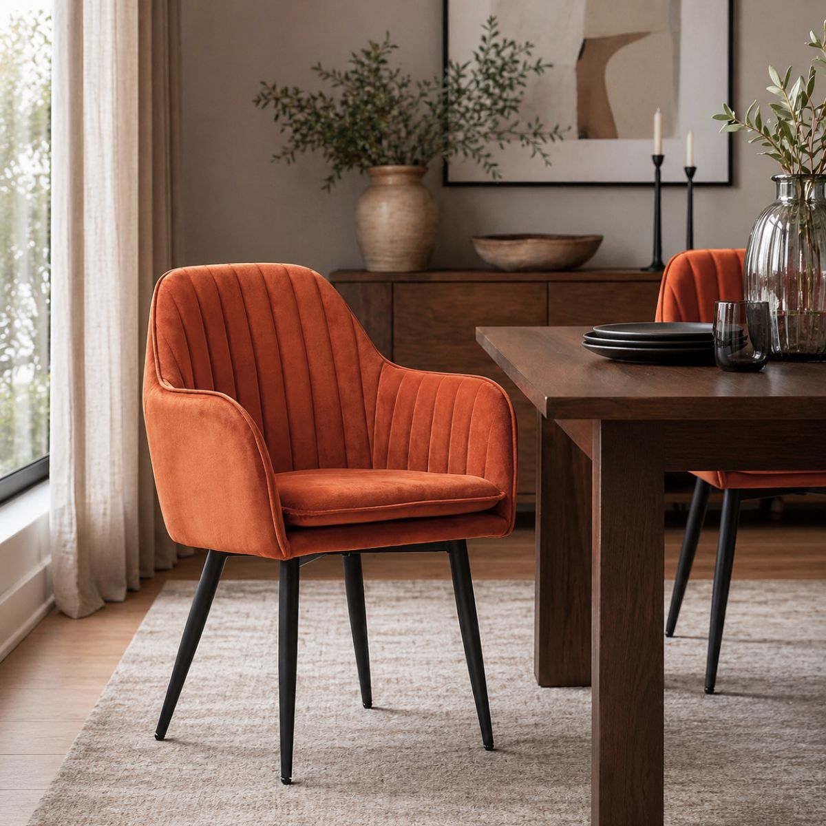Scaun living/dining portocaliu, tapiserie catifea, cadru metalic, Linea HARO, 2, hectarul.ro