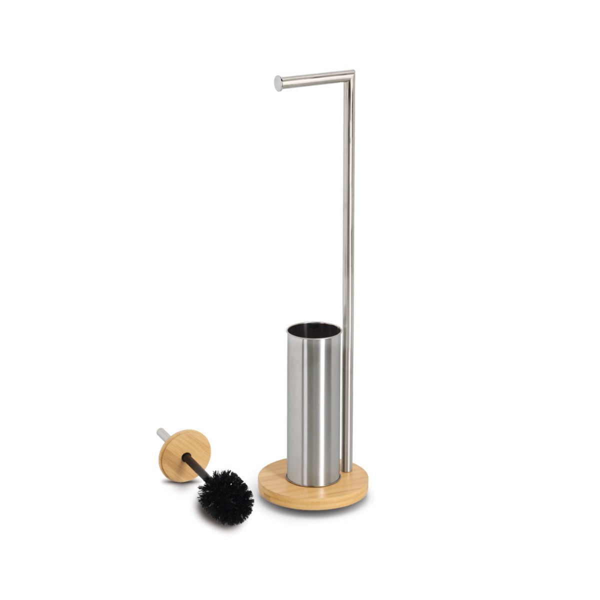 Perie WC Zeller, inox/bambus, cu suport hartie igienica integrat, 72.5 cm, 2, hectarul.ro