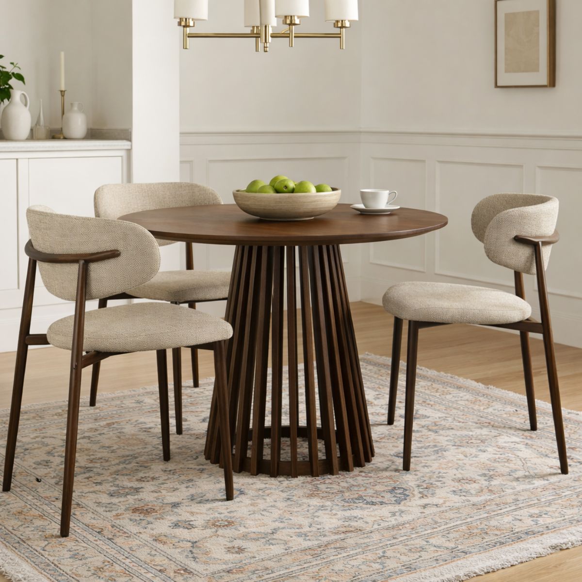Scaun dining Classic Ote bej, textil, cu picioare metalice cu aspect lemn, 2, hectarul.ro